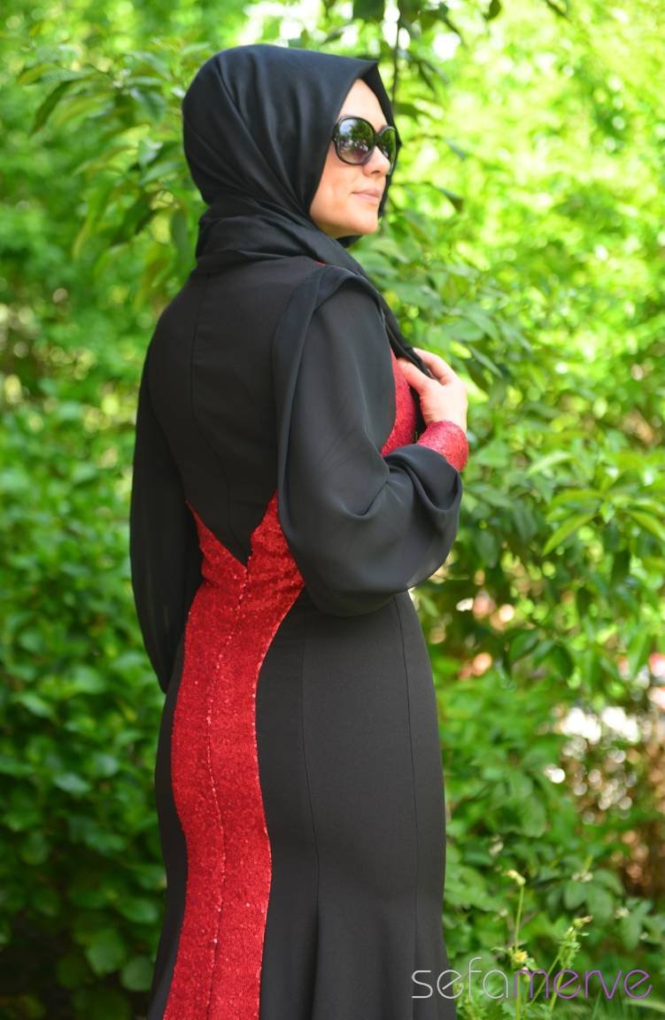 Sefamerve Tesettür Abiye Elbiseler PDY 4722-03 Siyah Kırmızı | Sefamerve