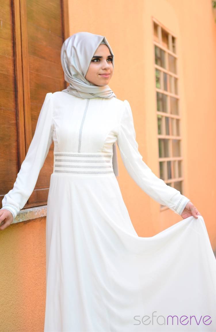 Yazlık ZRF Tesettür Elbise 9045-11 Beyaz | Sefamerve