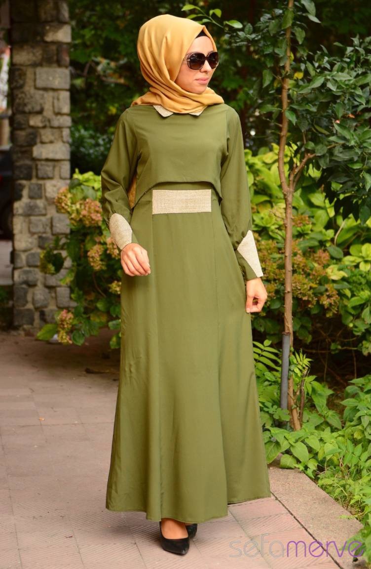 Mileny Tesettür Elbise 3183-03 Haki Yeşil | Sefamerve