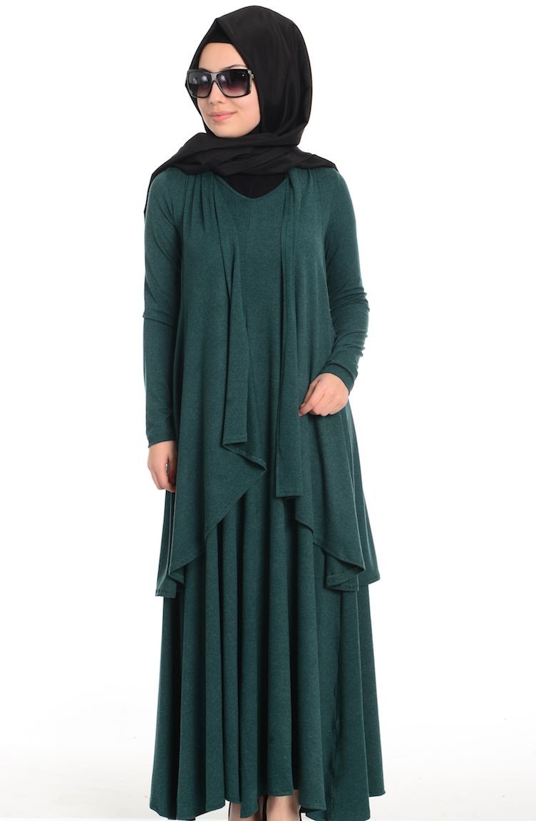Tesettür Yelekli Elbise 7201-03 Yeşil | Sefamerve