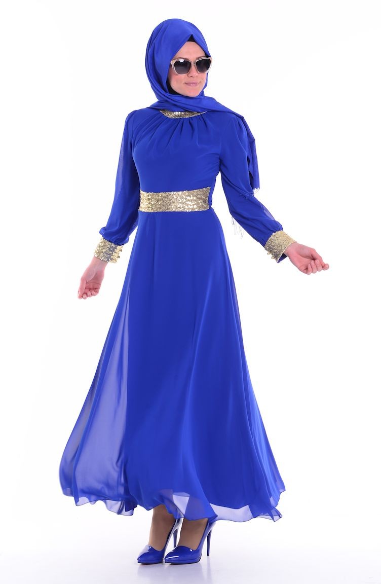 فستان شيفون بتفاصيل من الترتر لون ازرق 2398-01 | Sefamerve