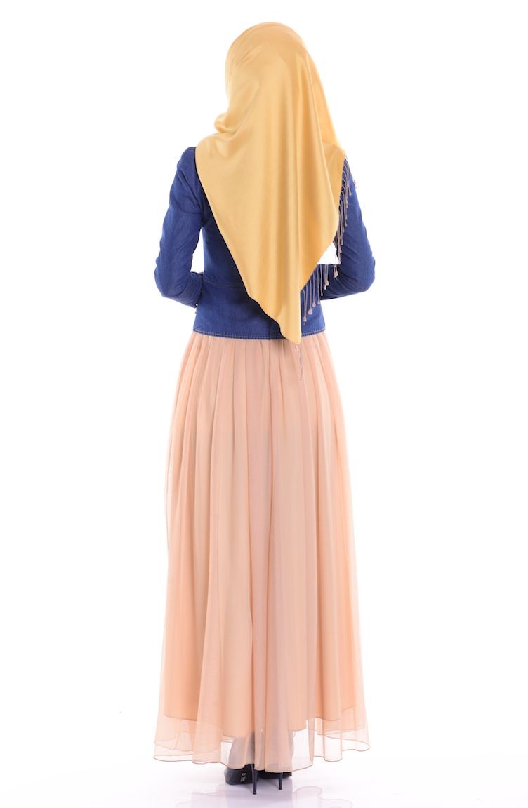 Üstü Kot Altı Tül Elbise 55853-01 Kot Mavi | Sefamerve