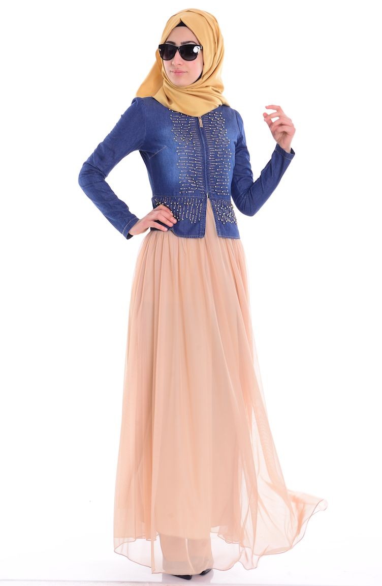 Üstü Kot Altı Tül Elbise 55853-01 Kot Mavi | Sefamerve