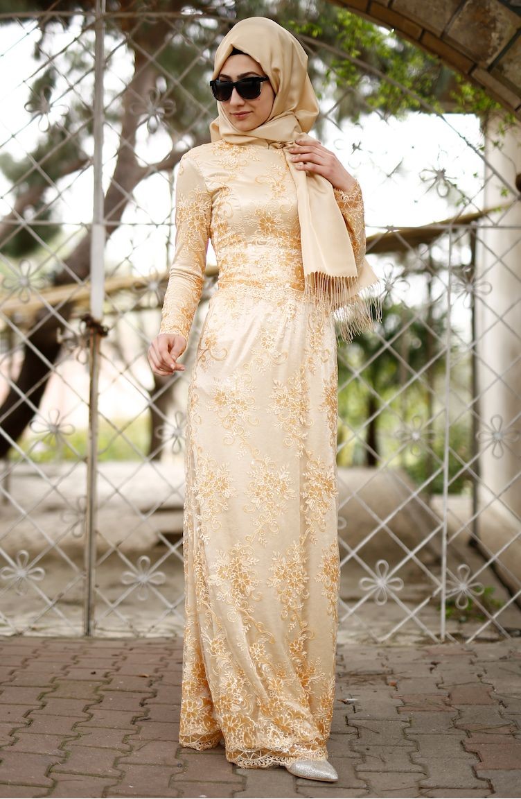 فستان للمناسبات لون كريمي مع ذهبي 3019-01 | Sefamerve