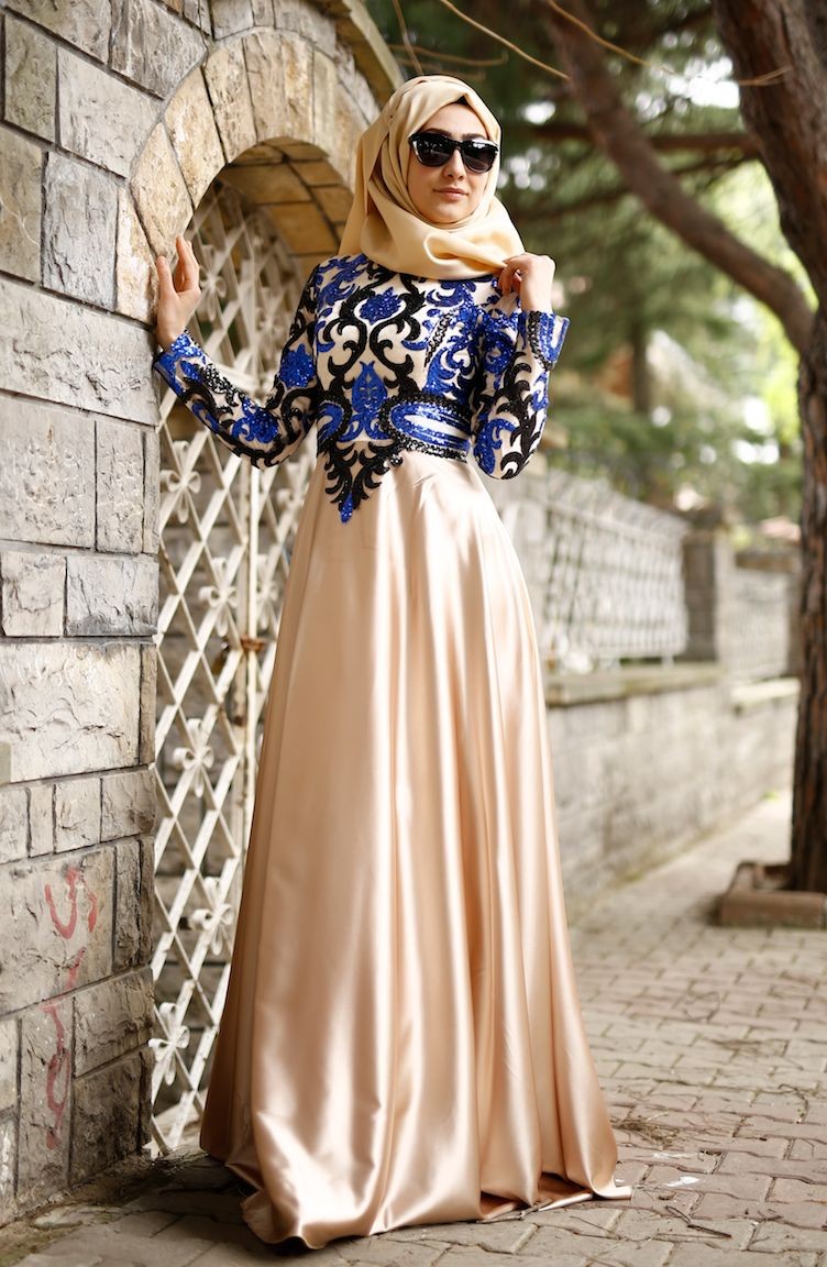 فستان للمناسبات لون ازرق مع ذهبي 3027-01 | Sefamerve