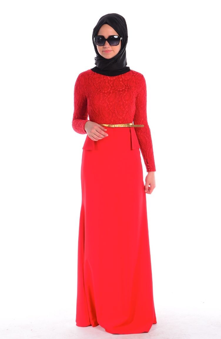 Mileny Tesettür Abiye Elbise 1054-03 Kırmızı | Sefamerve