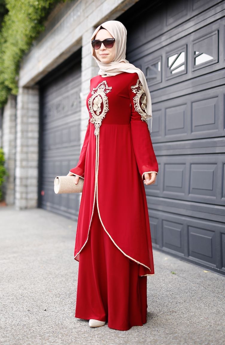 فستان الحفلات خمري للمحجبات 8392-01 | Sefamerve