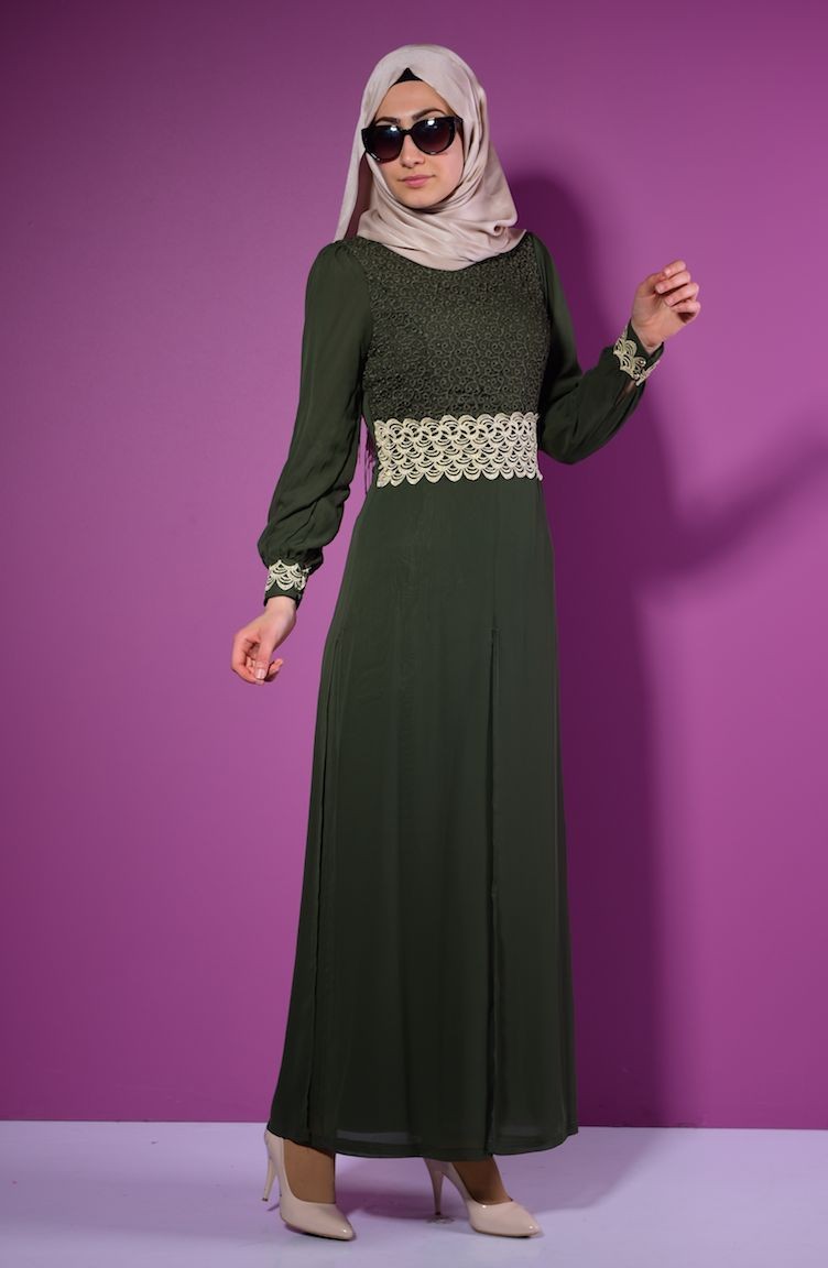 Şifon Astarlı Tulum Elbise 52414-09 Haki Yeşil | Sefamerve