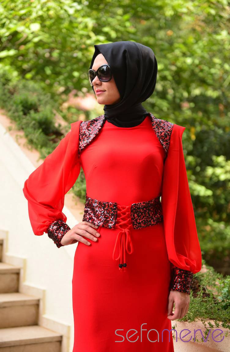 Sefamerve Abiye Elbiseler PDY 3722-06 Kırmızı Siyah | Sefamerve
