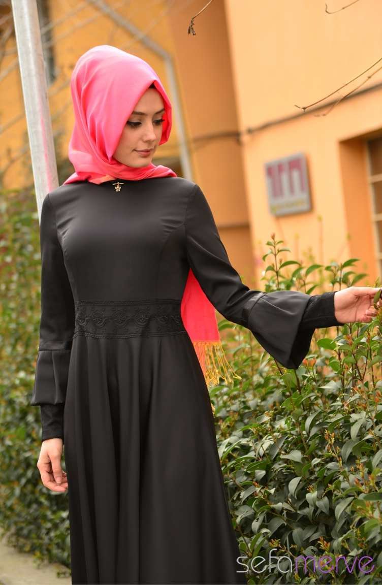 Yazlık ZRF Tesettür Elbise 9000-02 Siyah | Sefamerve