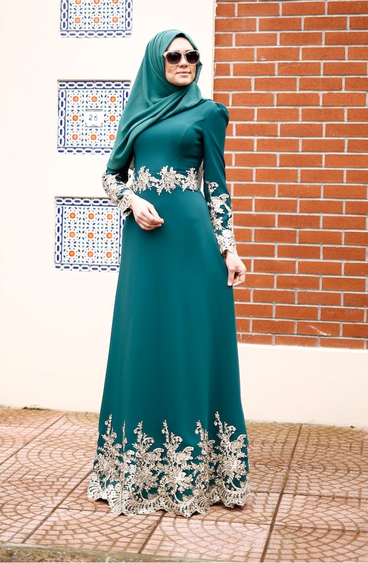 Green Hijab Evening Dress 0007-01 | Sefamerve